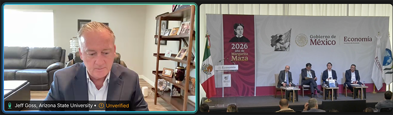 Two-part image: Left shows a man in a home office; right shows three men on stage at a formal event with banners and flags.