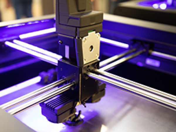 Close-up of a 3D printer head on metallic rods with blue lighting