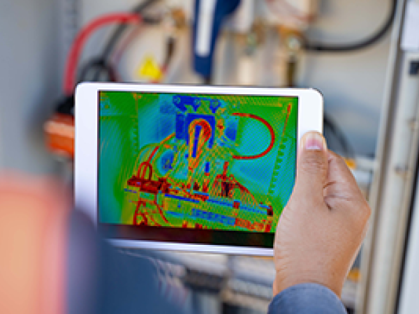  professional in a hard hat and vest using a thermal imaging camera on an industrial building or HVAC system, with a colorful heat map overlay visible on the screen 